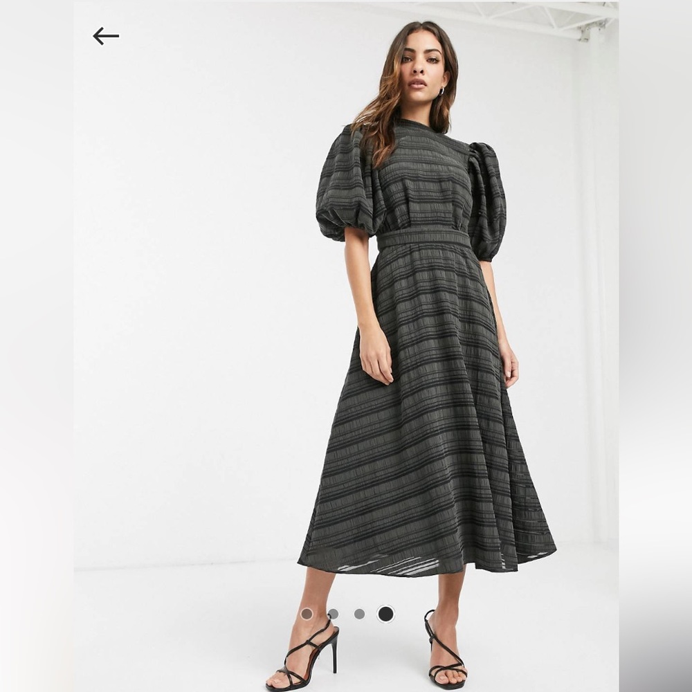 Organza stripe midi dress with puff sleeves